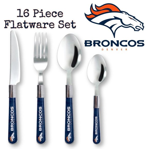 NFL Denver Broncos Flatware 4 Place Setting 16 Piece Silverware Set Football NEW - Picture 1 of 5